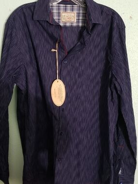 Vintage Italia Men’s Dark Blue Textured Stripe Dress Shirt With Red Contrast